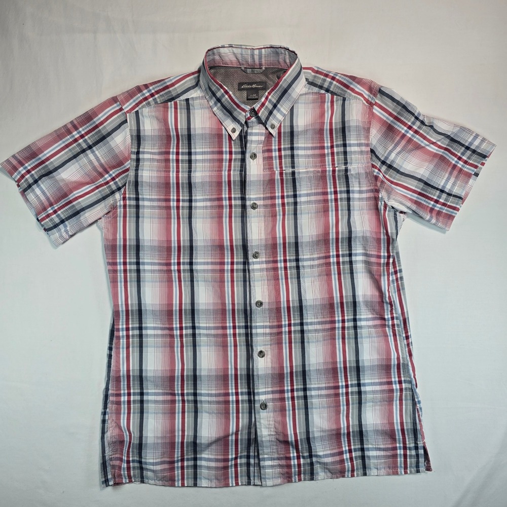Eddie Bauer Mens Plaid Short Sleeve Button Down Shirt Red Blue White Medium